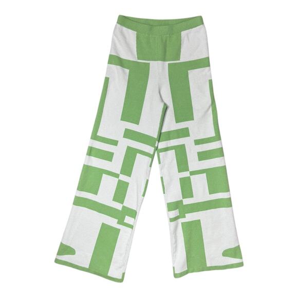 Princess Polly Pants - Princess Polly Green & White Wide-leg High-Rise Check Knit Pants - Size L/XL